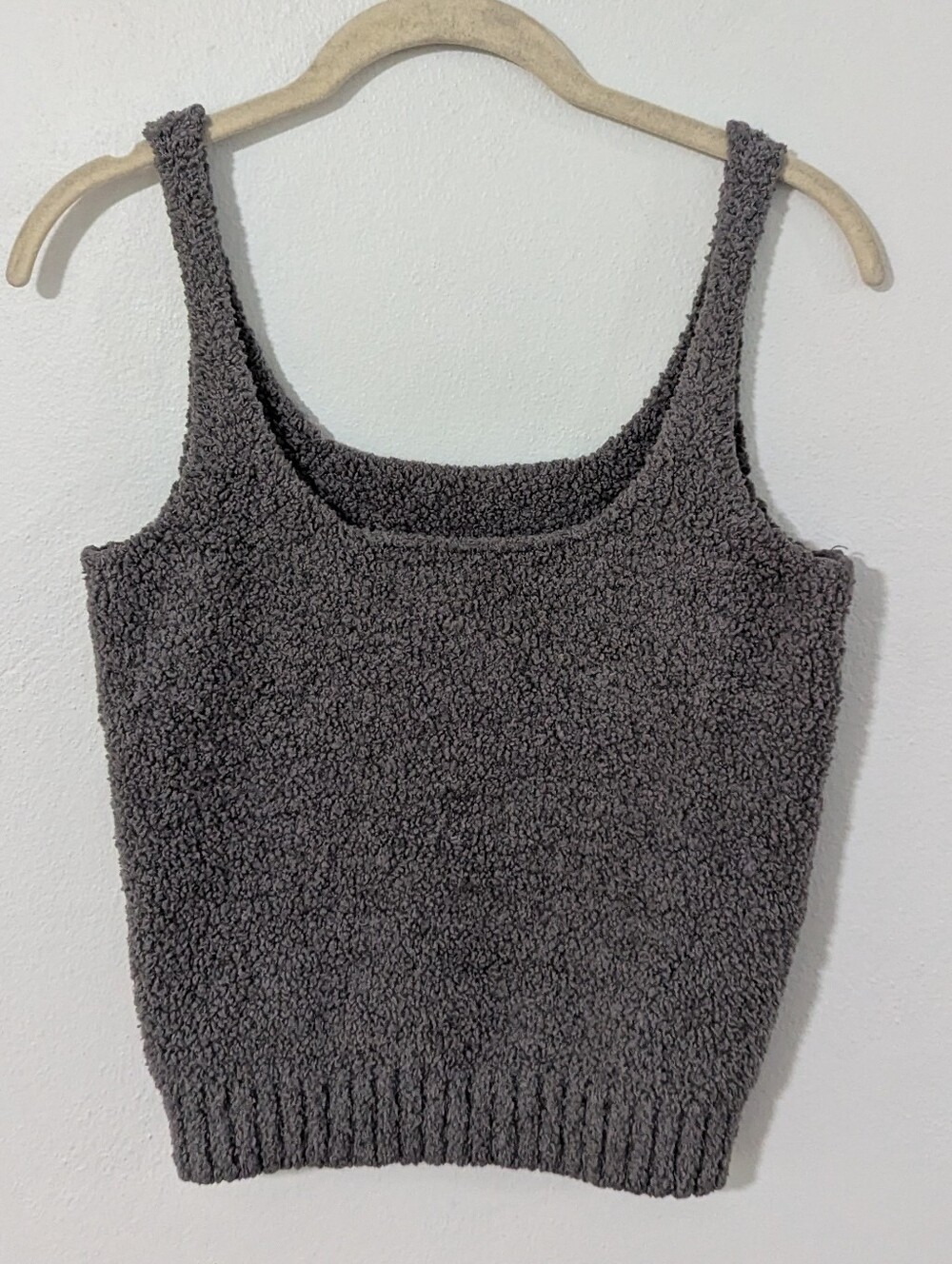 Skims Cozy Knit Tank Top Crop Length Fuzzy Teddy Rib Hem Gray L/XL